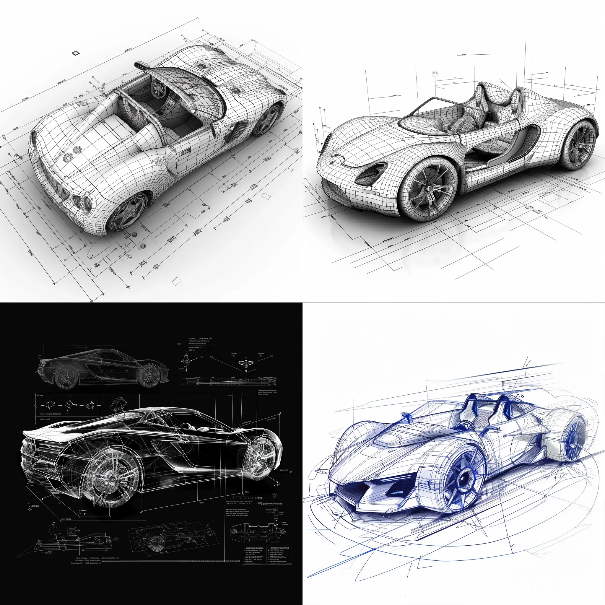 orthographics view blueprints of a concept small sports car