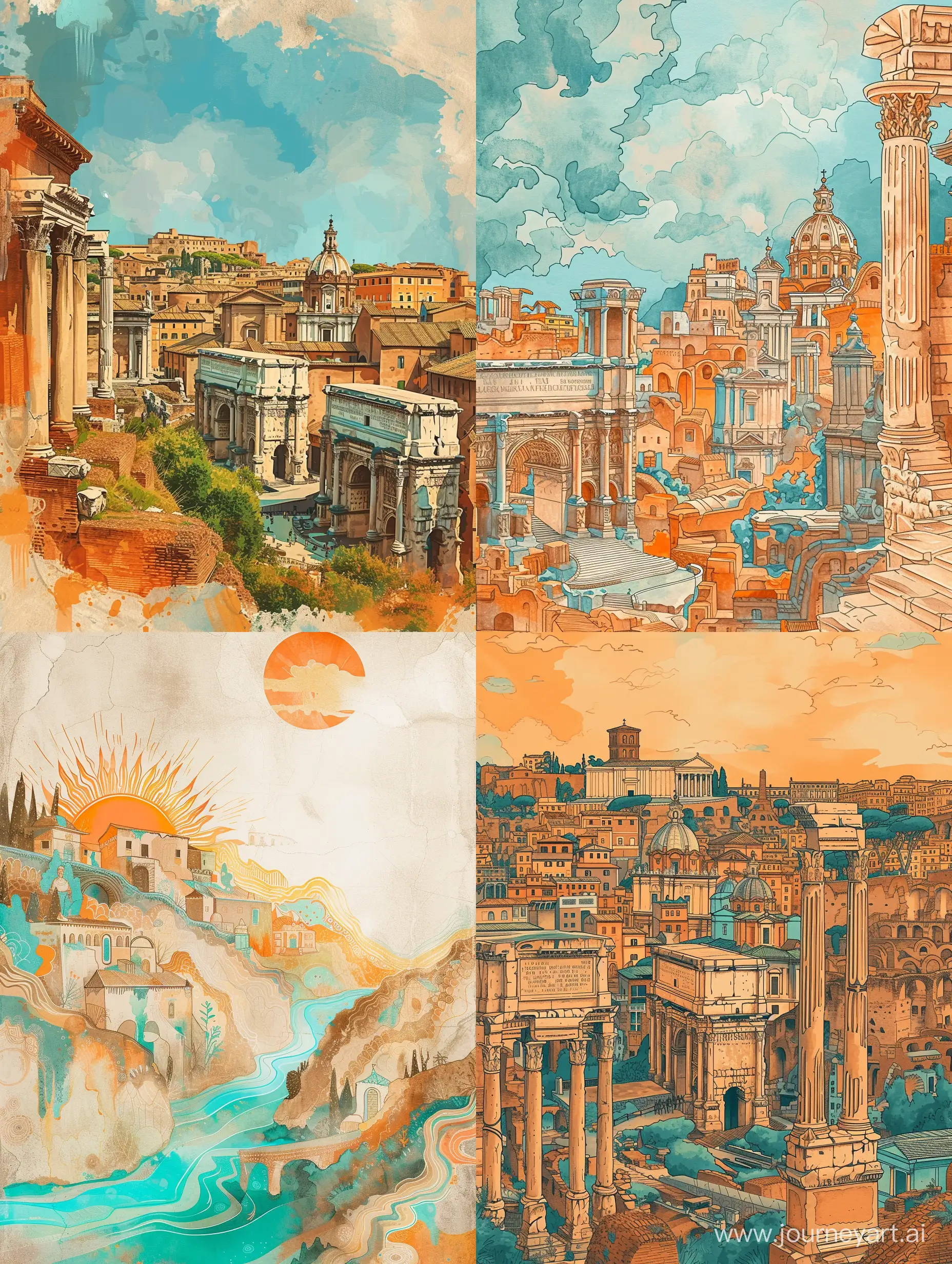 the ornamental background, landscape of the ancient civilization of Roma, in the old style, delicate, transparent colors, linear, many details, colors of ochre, orange, turquoise, light brown, blue, stylized caricature, watercolor, decorative, flat drawing