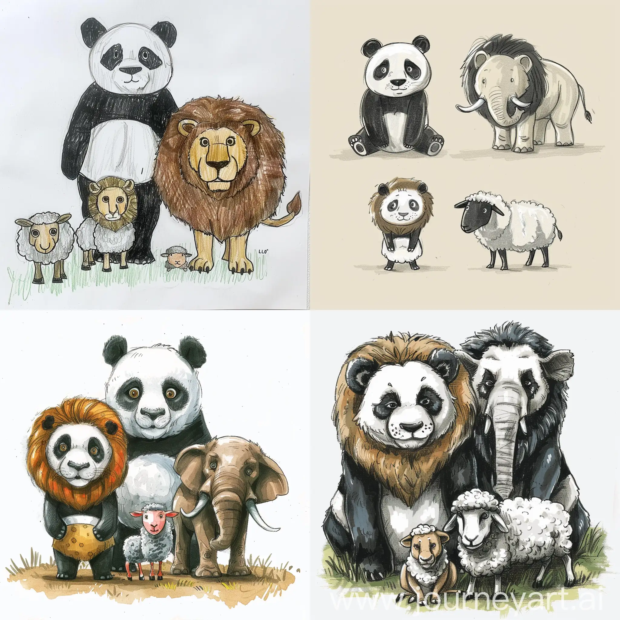 Draw 1 panda, 1 lion, 1 elephant and 1 sheep together with the same size