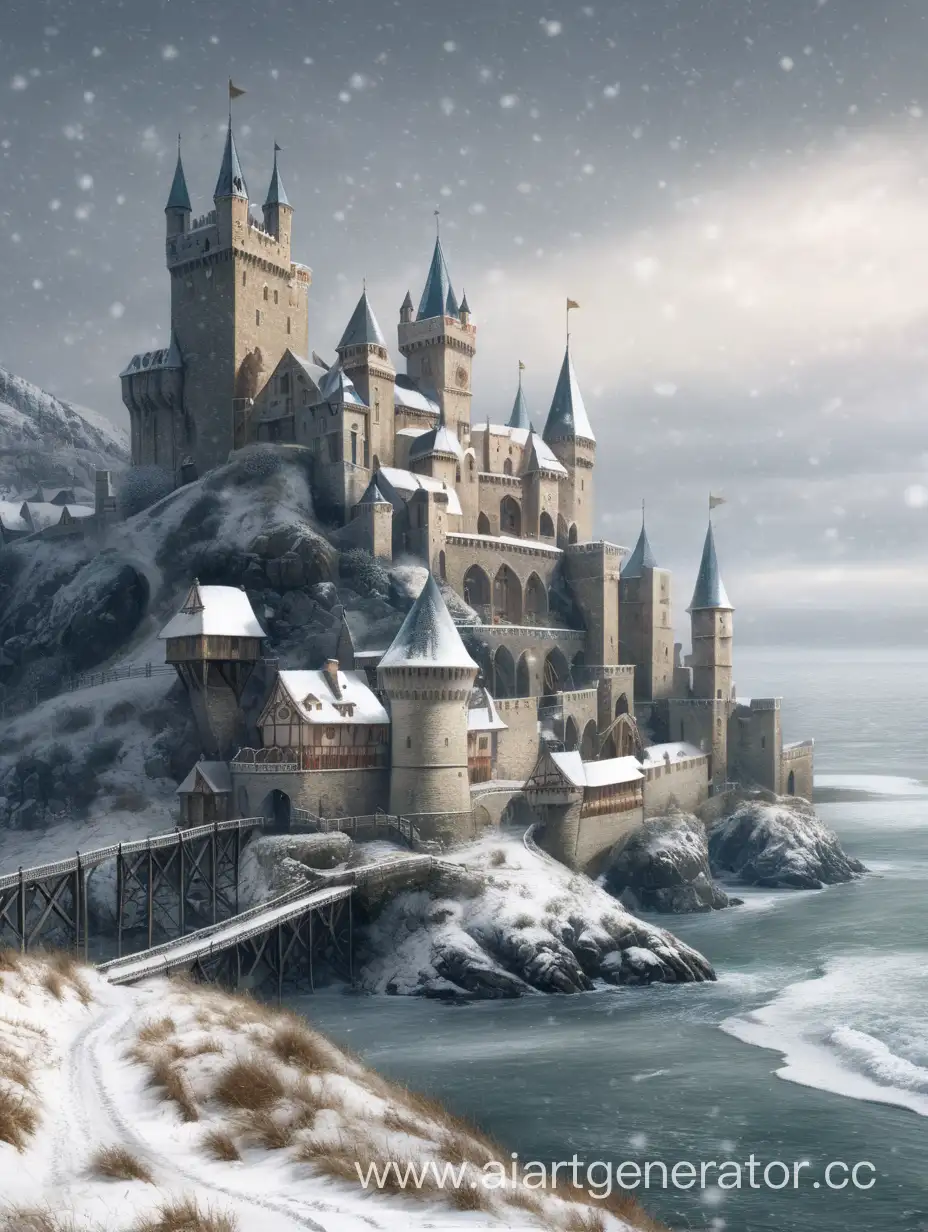 Средневековое королевство во время снегопада, на берегу моря