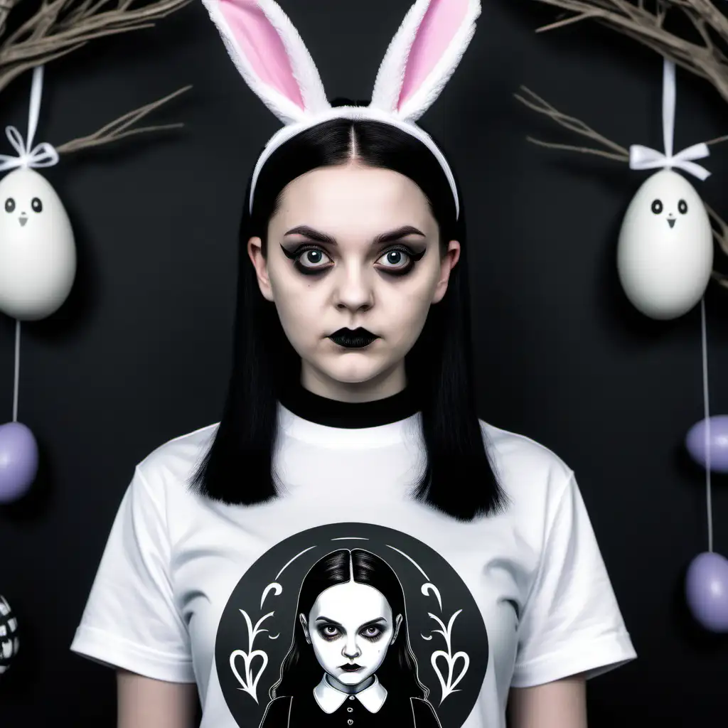 a mockup featuring a girl resembling wednesday addams wearing a white tee with a goth easter background