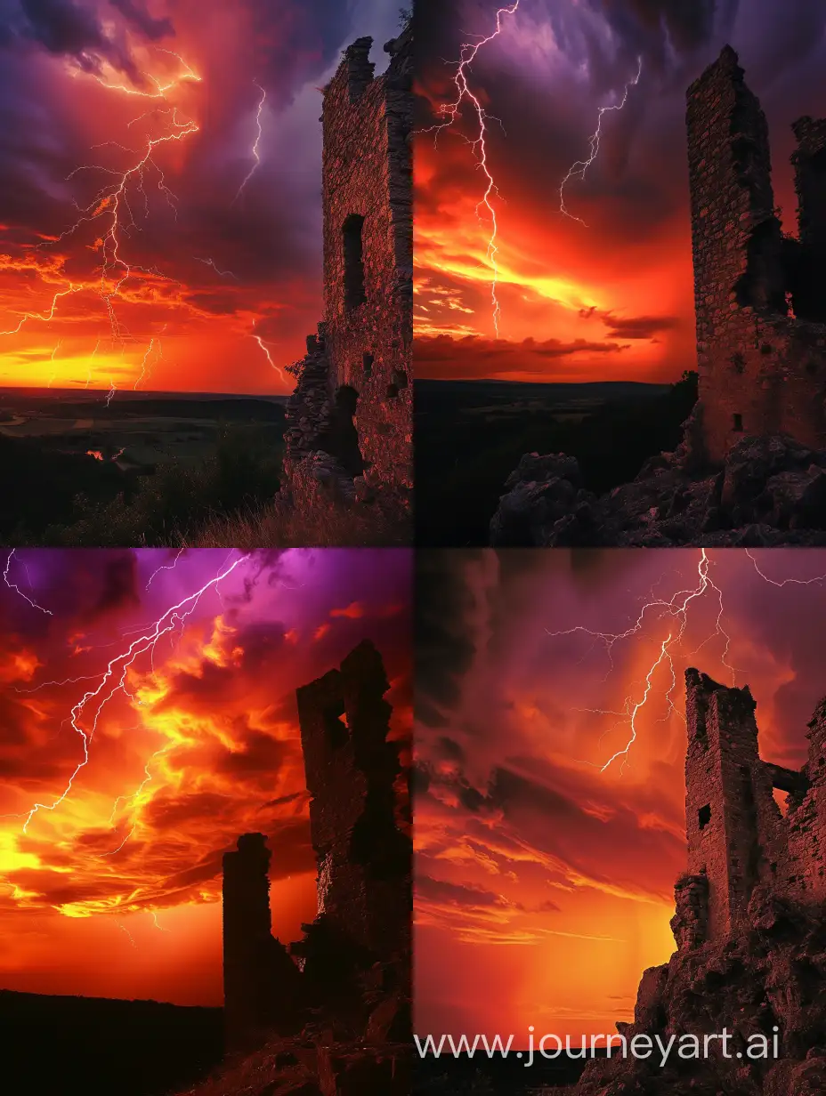 Storm with a lightning. Sky is orange, red and deep purple colors. The ruin of old tower on the right side of picture 