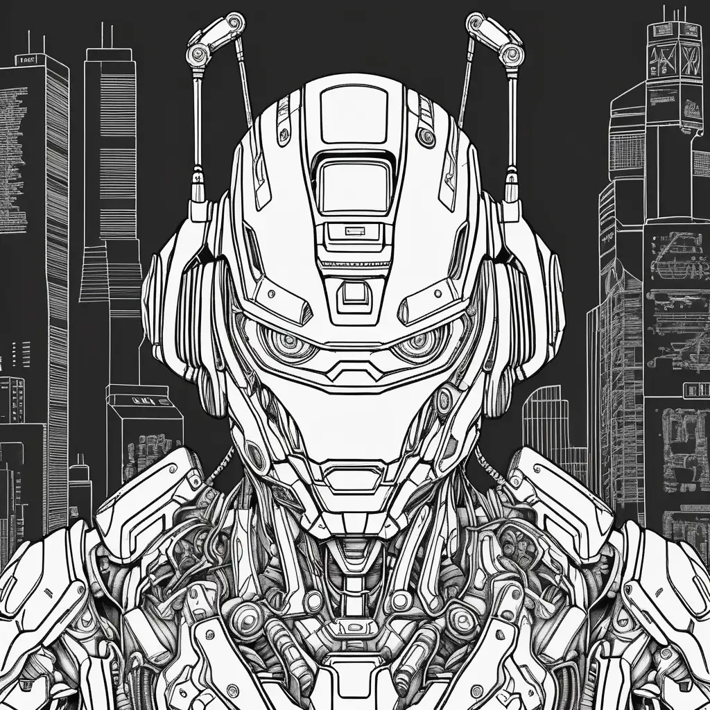 Coloring book image. Black and white. Outline only. Highly detailed. Clean and clear outlines that allow for easy coloring. Ensure the design provides ample space for creativity and coloring. Cyberpunk robot.