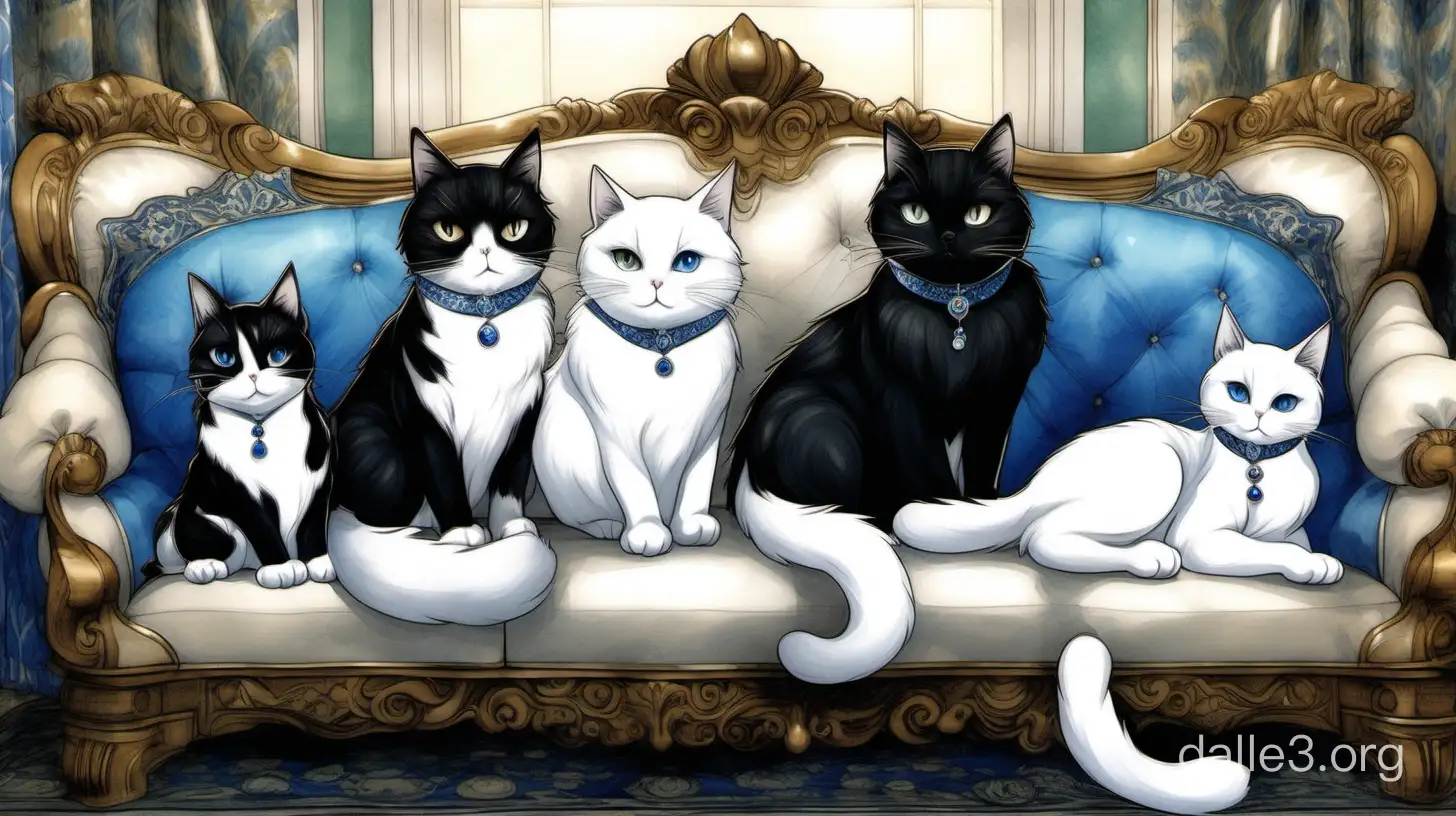 一只银渐层，一只黑色多的蓝白猫，一只白色多的蓝白猫，三只猫围着半躺在沙发上的美丽女主人争宠