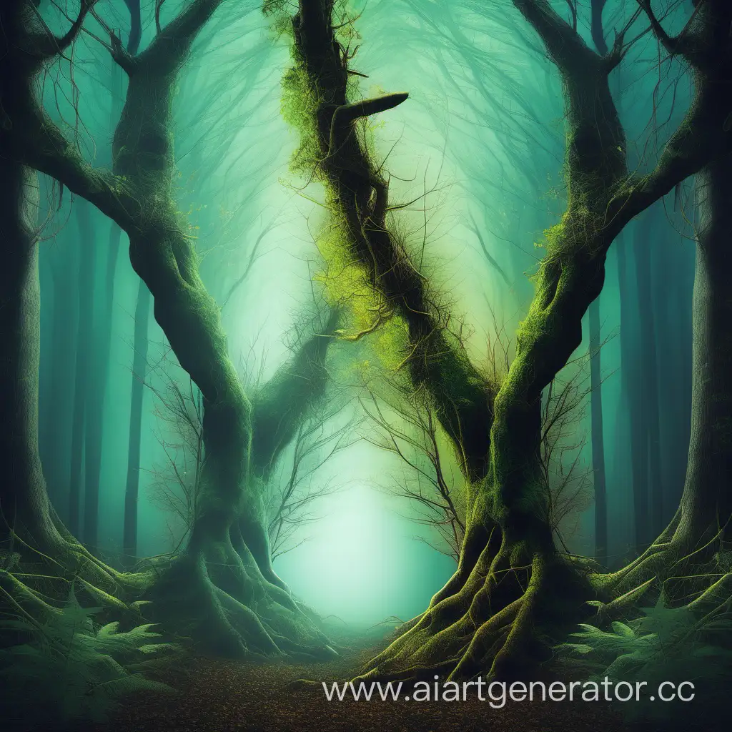 лес разделённый на светлый и мистический по середине висящая ветка  
