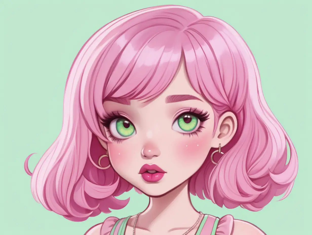 Adorable Cartoon Girl with DualToned Pink Hair and Pastel Green Dress