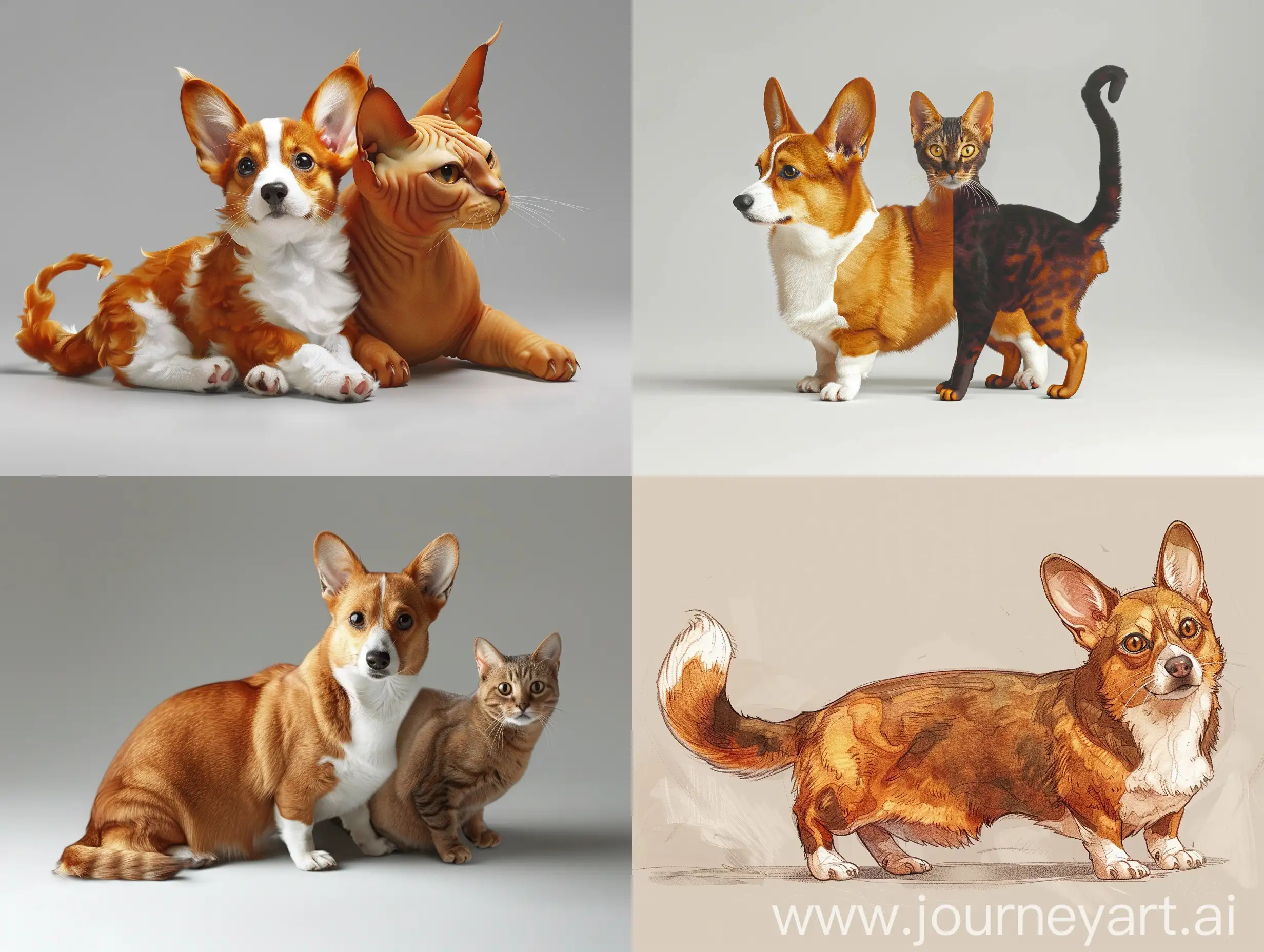 we take 1 whole corgi head from the front of the torso with 2 corgi legs and connect it to the front of the torso of an Abyssinian cat with 2 legs and the whole head of an Abyssinian cat, the color is piebald with white edges, the back is smooth and smooth, the creature looks like a whole