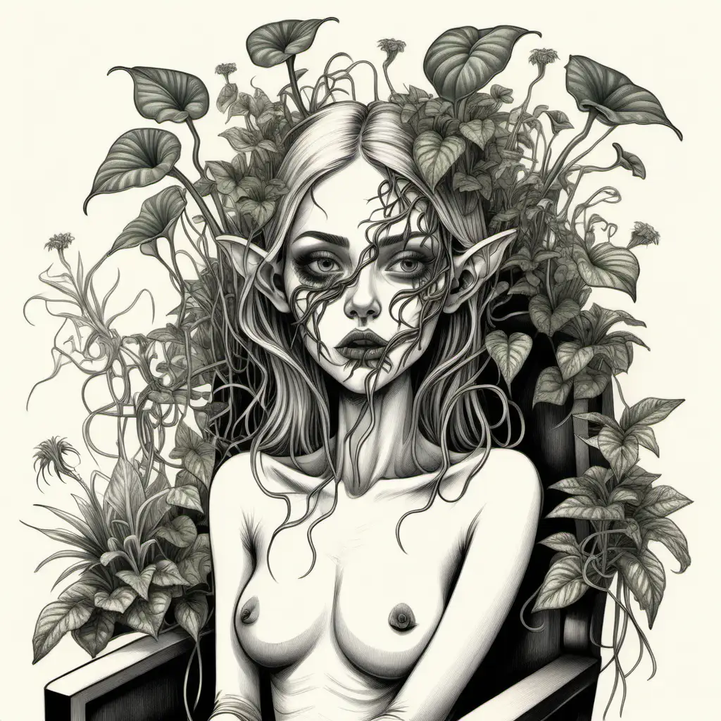 A drawing of a young beautiful woman. A portrait where she is sitting in a chair. Draw vines and plants growing from inside the woman and coming out of her eye sockets, mouth, and ears. Make it seem like she's succumb to the plants growing from her and make the plants carnivorous plants.