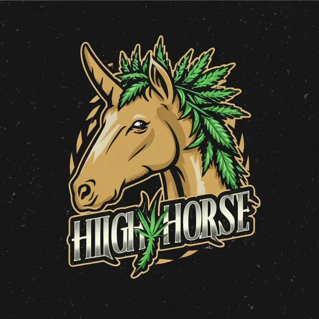 logo, horse with weed leaf as hair, with the text "High Horse", typography