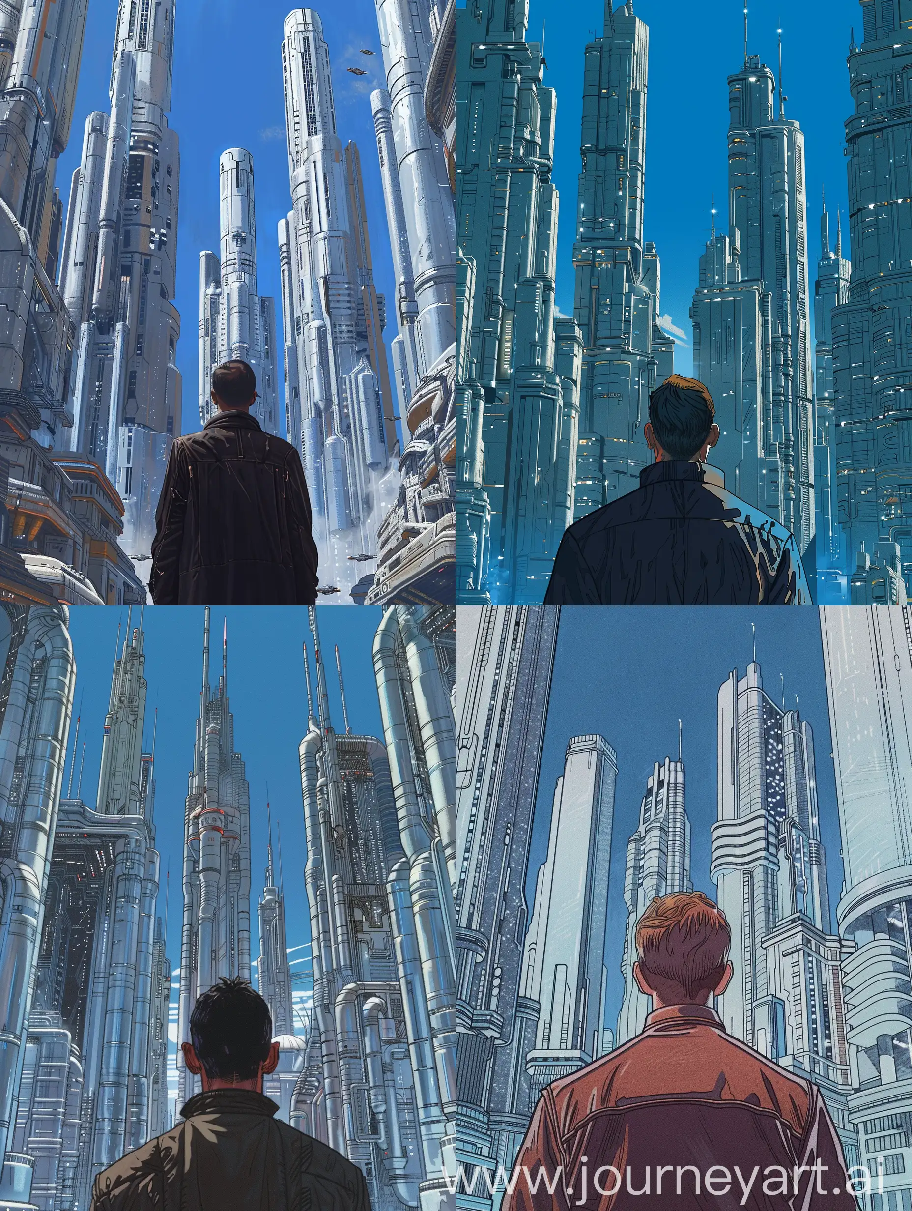 concept art of the back of man in the center looking  resolutely at looming shimmering silver skyscrapers in the futuristic cityscape. in retro science fiction art style. in color. blue sky.

