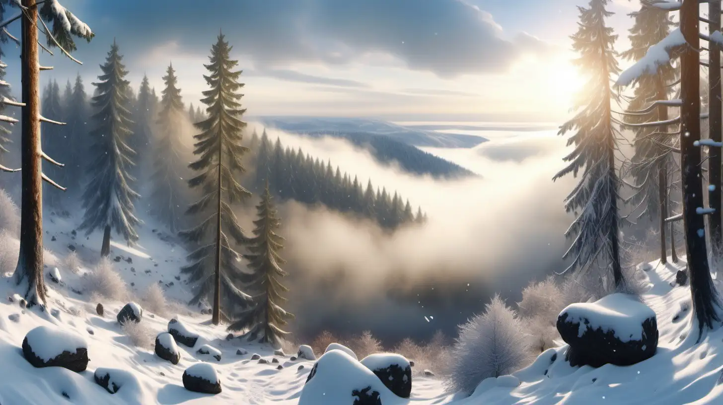 Winter Wonderland Panorama with Sparkling Snow in Mountain Fir Forest