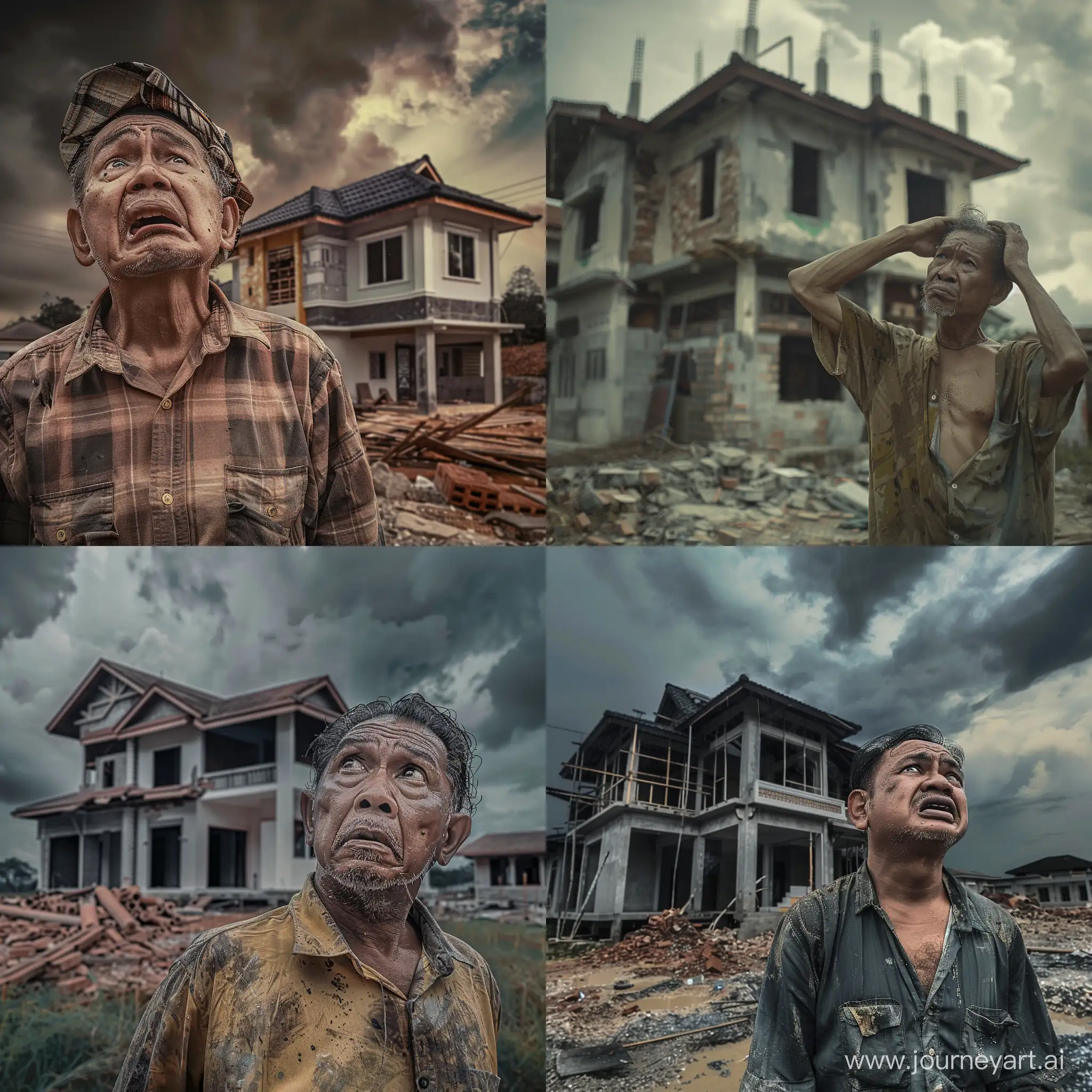 ultra realistic, a malay contractor only sees a man who is upset with the condition of his unfinished house, in front of an unfinished house, canon eos-id x mark iii dslr --v 6.0

