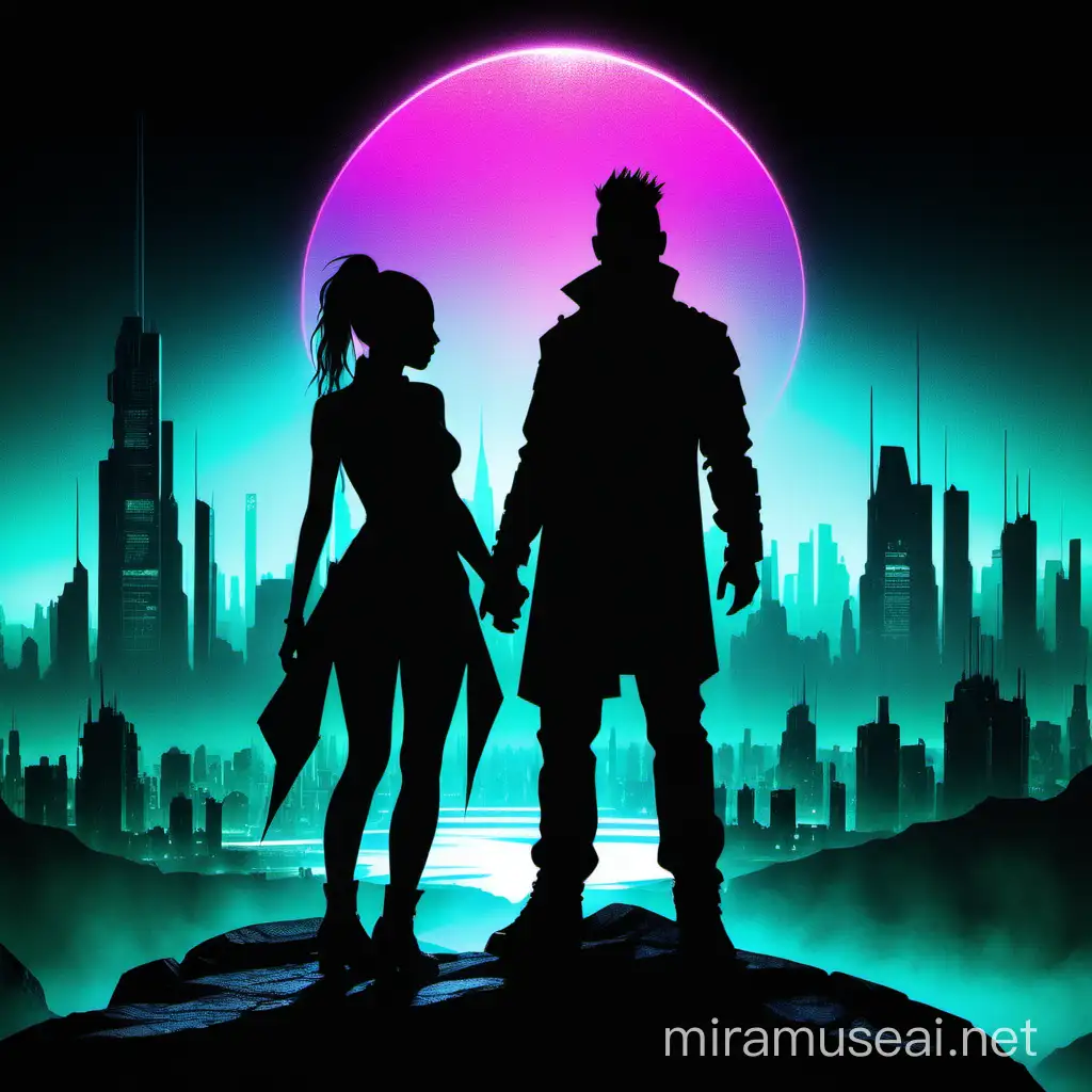 Cyberpunk Rock Couple in Silhouette Embrace