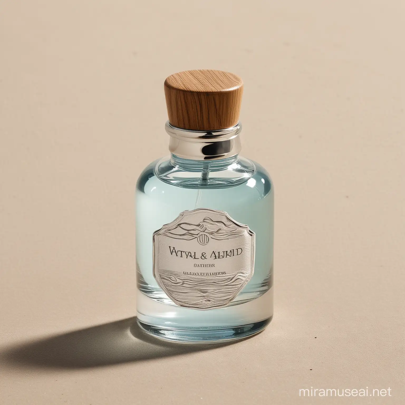fragrance bottle inspired by the coastal sea, beach inspired and boat inspired design elements in the cap and glass, neutral warm colors with accepts of silver and wood