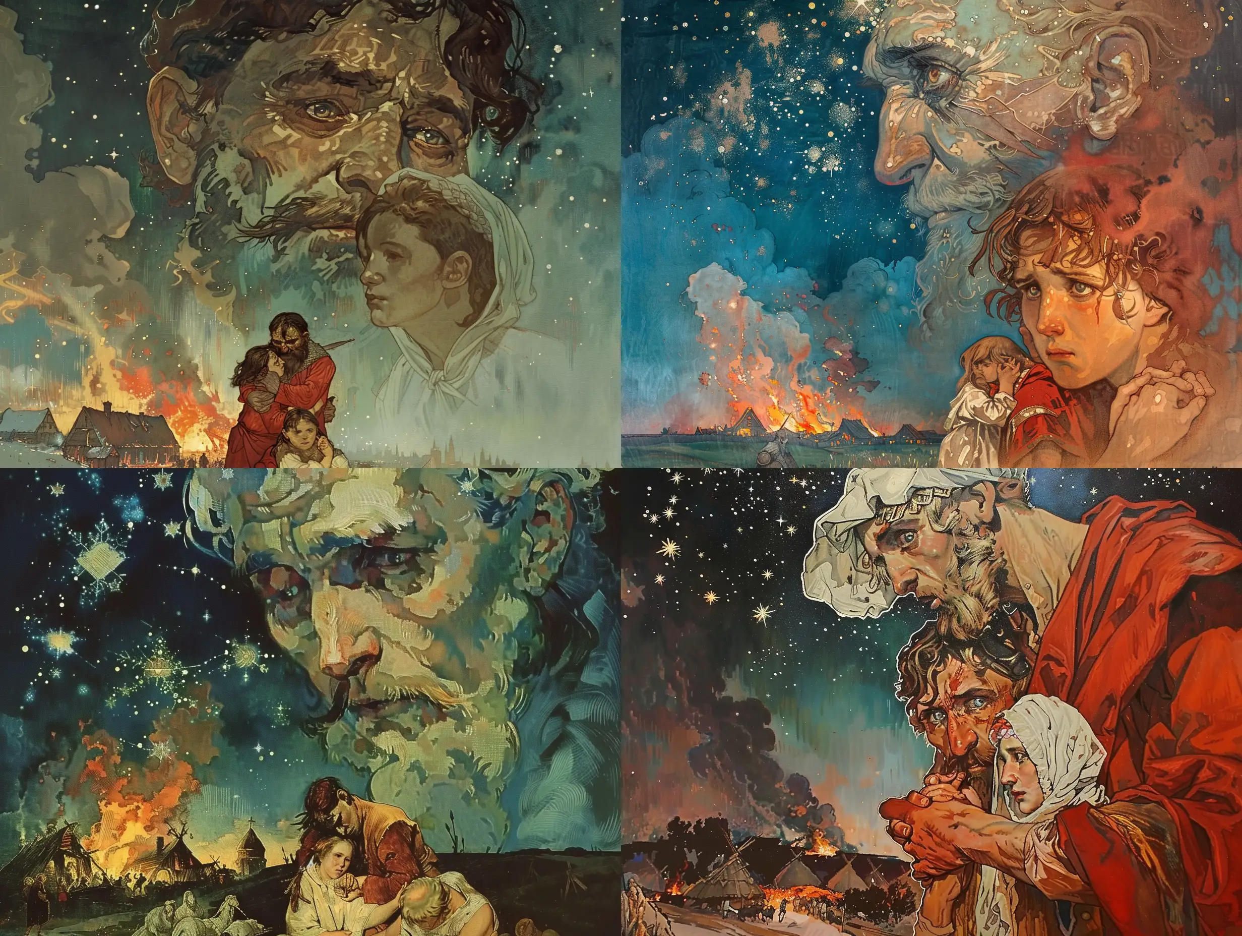 Painting in style of The Slavs Epic of Alfons Mucha.  The painting shows a clear night full of stars. In the back left, a Slavic village is burning after being attacked by a horde of nomads. The savage nomads have slaughtered the old and infirm villagers, taking their flocks as well as the young people they sell into slavery. There was a large slave market at the Black Sea town of Kherson, and there the captives were sold at a bargain.  At the bottom of the painting, a couple huddles together - a man and a woman - the only ones who saved their lives that night. Their eyes radiate terror and horror. Into the fear that presses them both down, hatred, the desire for revenge, but also the wish to live in peace and tranquillity, creeps ever stronger. These feelings take on a real form, rising up to the stars and symbolically materializing in the figure of the gentile - an Old Slavic priest, begging the gods for help.  His right hand is supported by an armed young man in red - a symbol of war, the left by a girl in white - a symbol of peace.  The image expresses the idea that one must fight back, but one can only thrive and prosper in peace. It is an introduction to the whole cycle, as it shows the conditions from which the Slavs emerged and what actions they are capable of in the future.