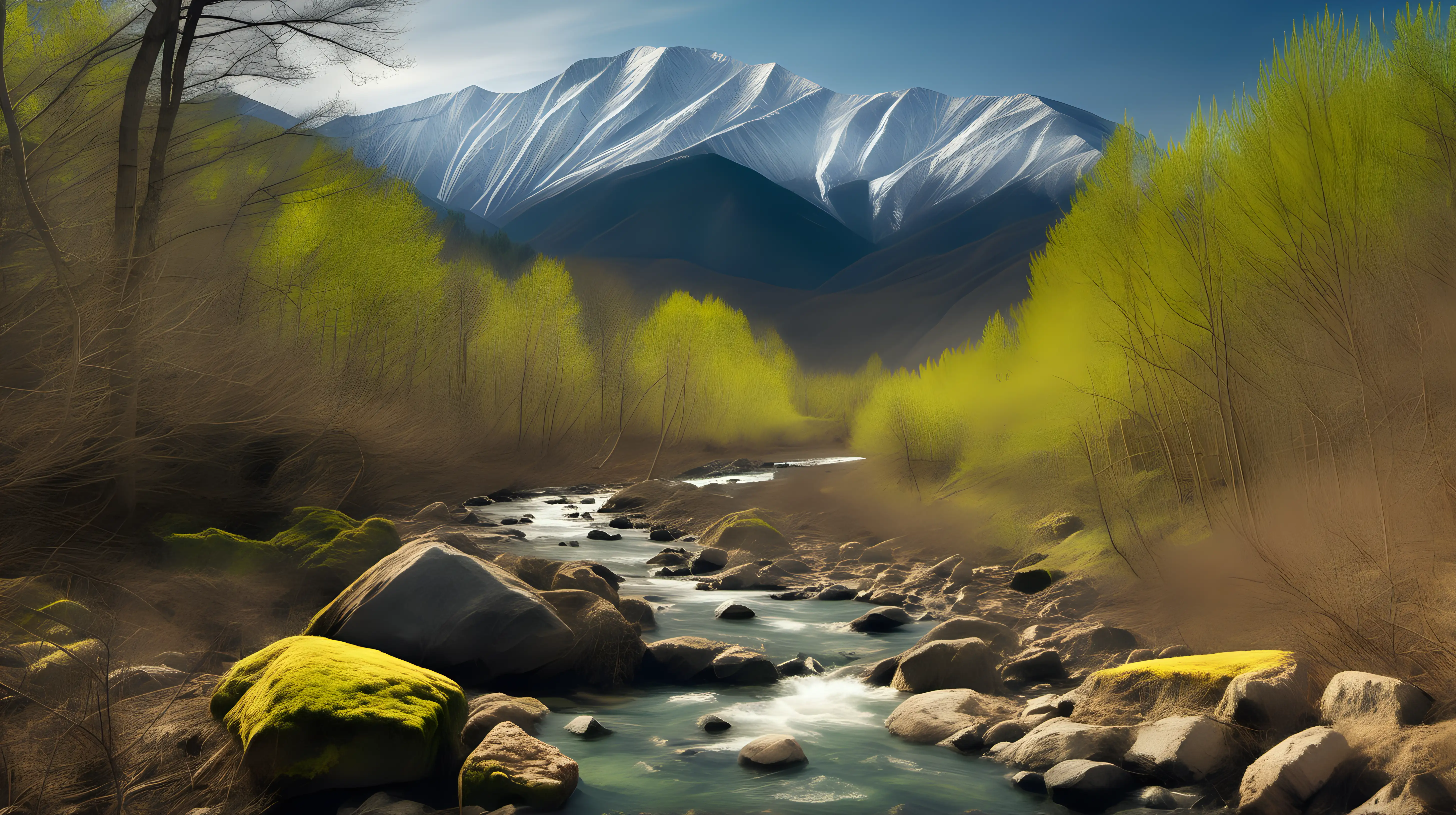 Scenic Rocky Creek in Spring Forest with Mountain Backdrop