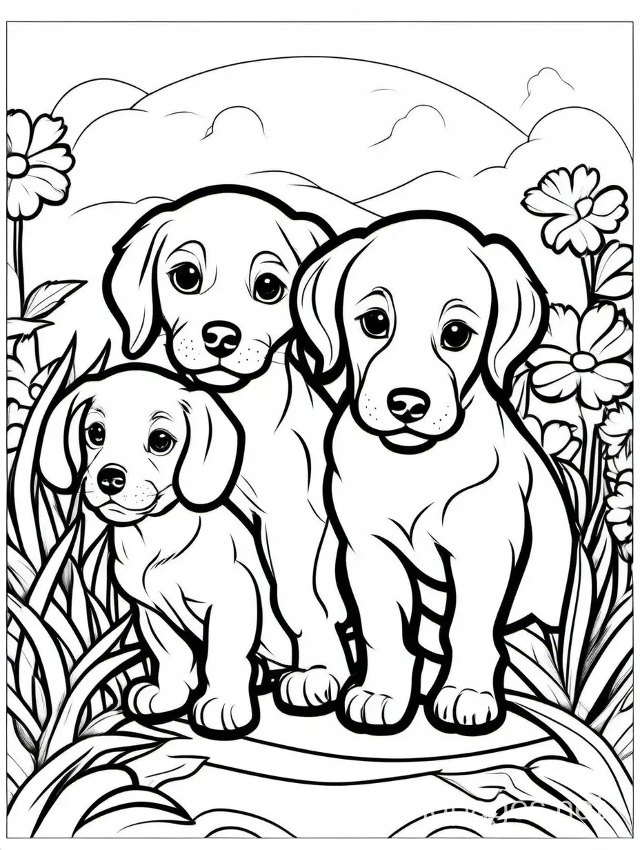 puppies playing, Coloring Page, black and white, line art, white background, Simplicity, Ample White Space. The background of the coloring page is plain white to make it easy for young children to color within the lines. The outlines of all the subjects are easy to distinguish, making it simple for kids to color without too much difficulty