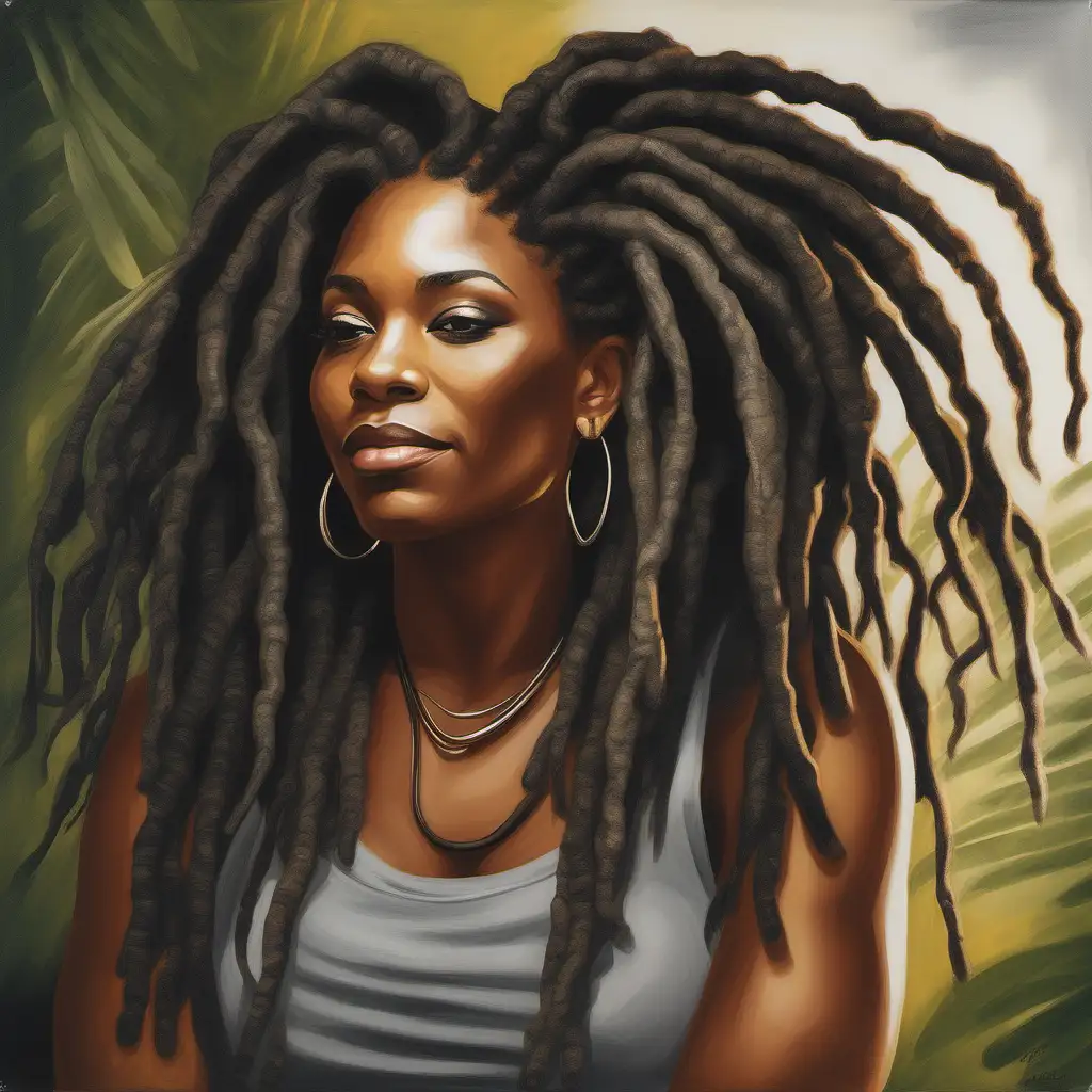 "Capture the essence of a serene moment in the life of a confident Black woman, aged 30-45, as she unwinds and finds tranquility in her surroundings. Highlight the beauty of her dreadlocks and the grace with which she embraces relaxation. Consider the setting, emotions, and details that reflect a peaceful and empowering scene."