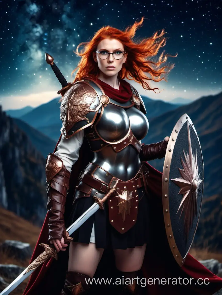 RedHaired-Valkyrie-Warrior-with-Sword-and-Shield-in-Mountainous-Starlit-Landscape