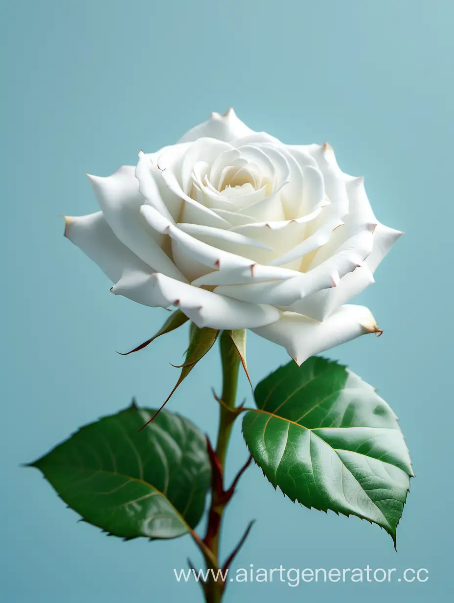 Elegant-4K-HD-White-Rose-with-Lush-Green-Leaves-on-Pure-Light-Blue-Background