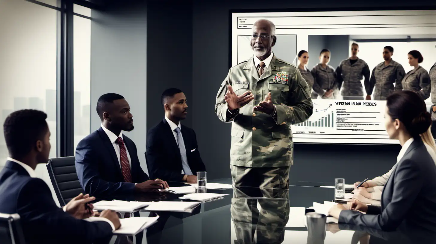 Experienced Business Leader Conducts Team Meeting with Military Service Overlay