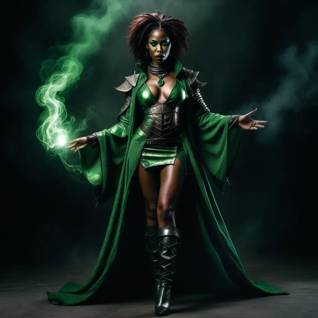  full body shot   Sexy African American woman Medieval  wearing green clothes Enchantress,,facing  casting a spell,semi realistic,looking wicked , cyberpunk fantasy