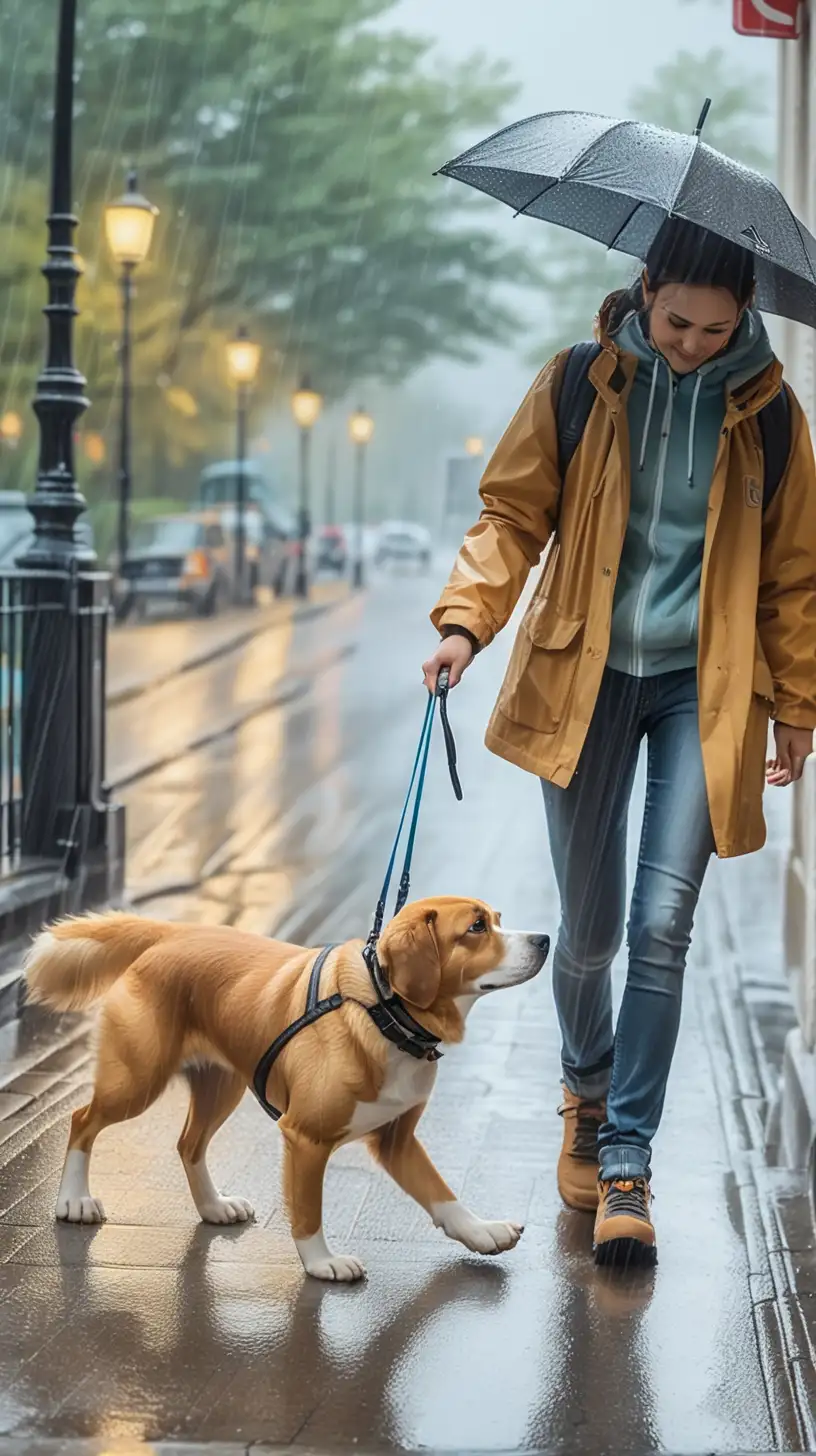 Собака с хозяином на прогулке под дождем начинает хромать на переднюю лапу.
