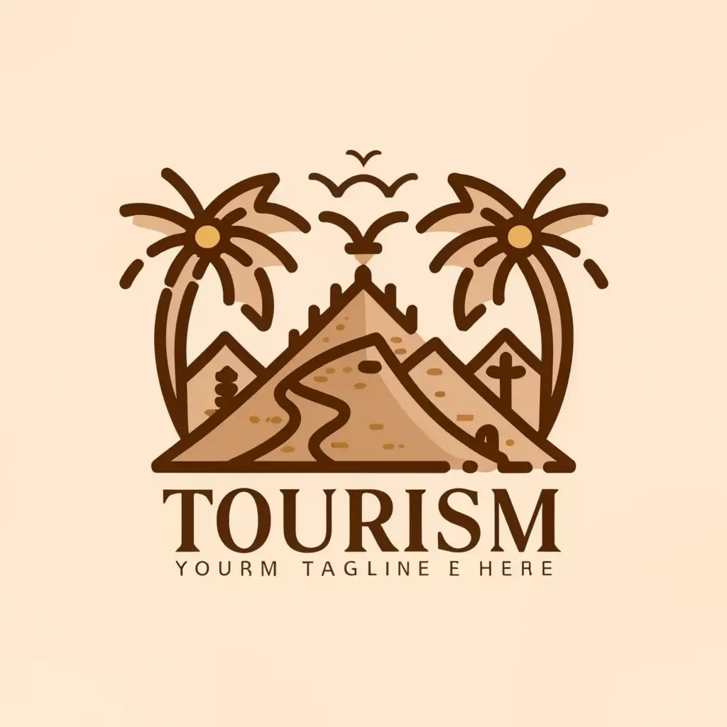 a logo design,with the text "Tourism", main symbol:Desert, AlUla Castle, palm tree, mountain, simple design in light brown color,Moderate,be used in Travel industry,clear background