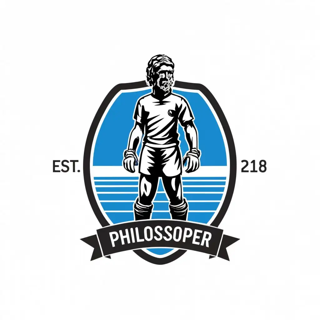 a logo design,with the text "philosopher football club", main symbol:The Thinker Goalkeeper:

Adapt Auguste Rodin's famous sculpture "The Thinker" into a goalkeeper pose, positioned in front of a football goal.
Add football gloves and a jersey to the figure.
Use a bold, modern font for the club's name above or below the figure.,Moderate,be used in Sports Fitness industry,clear background