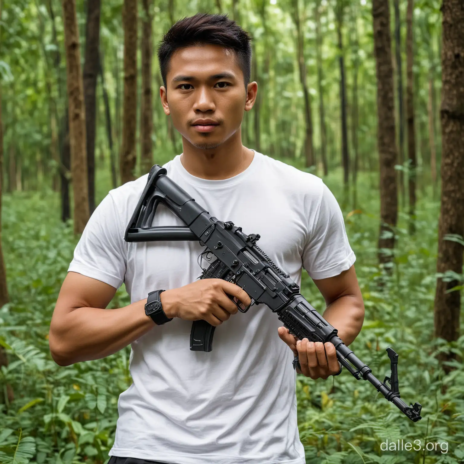 An Indonesian young man, fit body, white t-shirt, black sneakers, hold a ak47, in the forest 