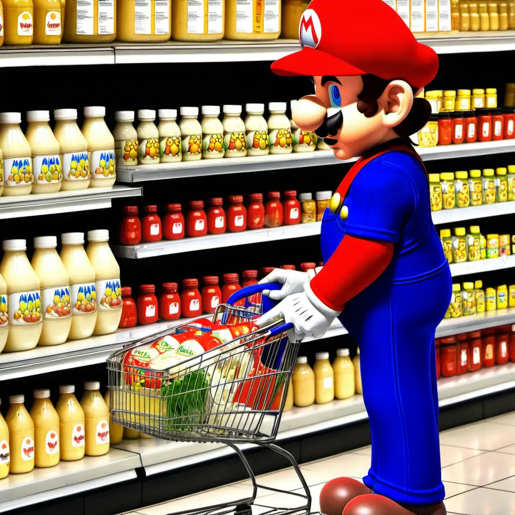 Mario buying jars of mayonnaise at the grocery store 