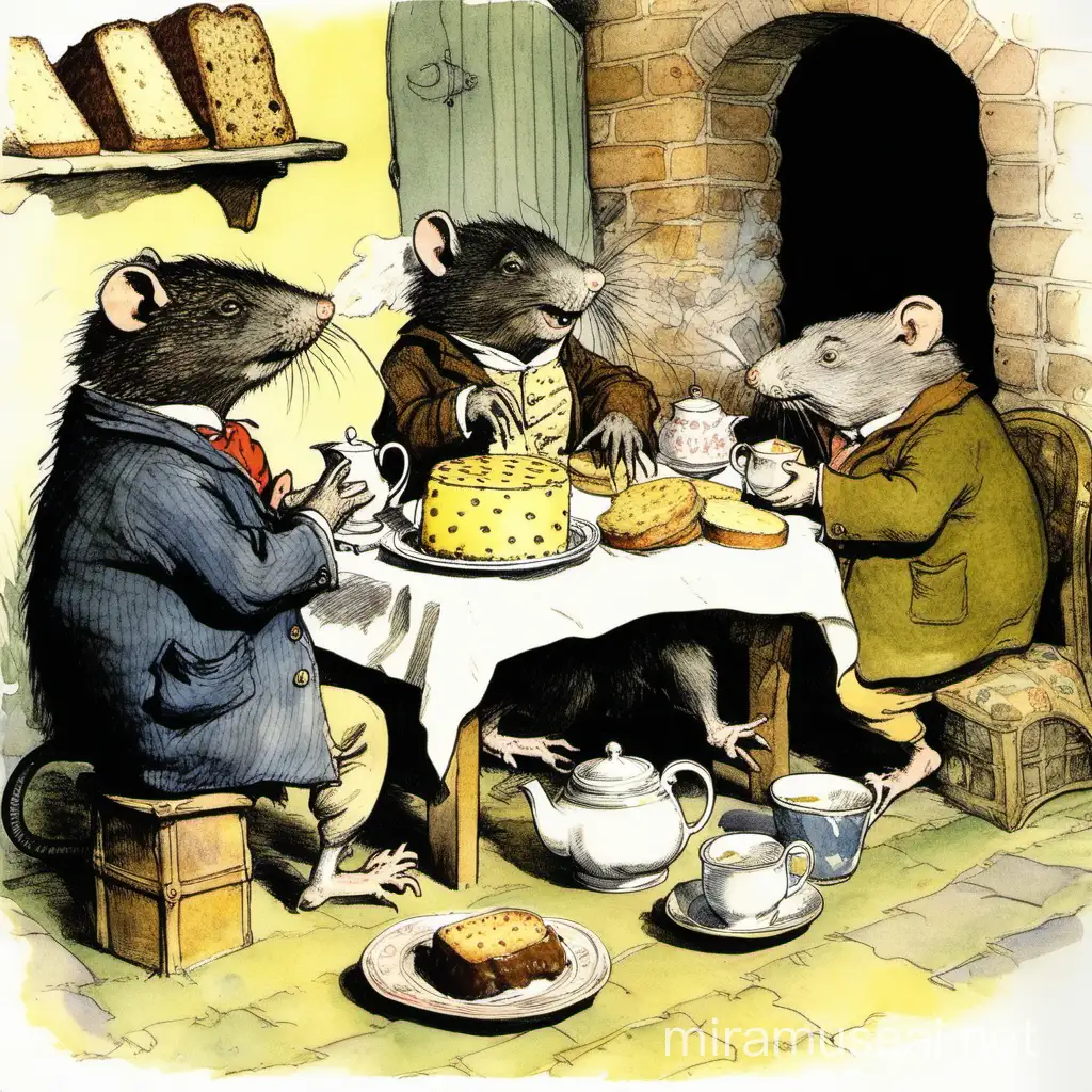 Illustration by E H shepard, Wind in the Willows. Mole, Rat, Toad, Badger, have tea and slices of Battenburg cake by the fireside