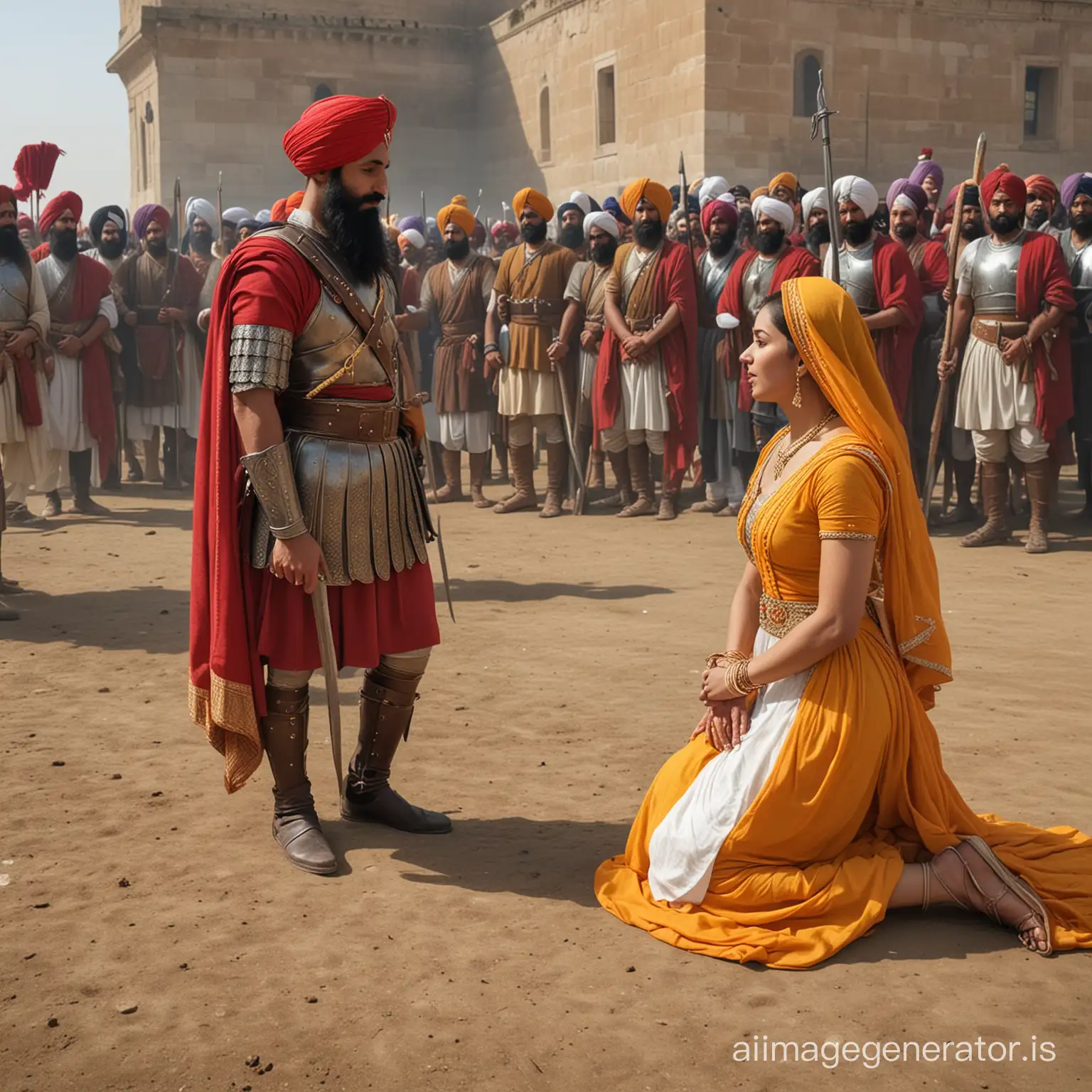 Sikh Princess kneels before Roman soldier begging for mercy