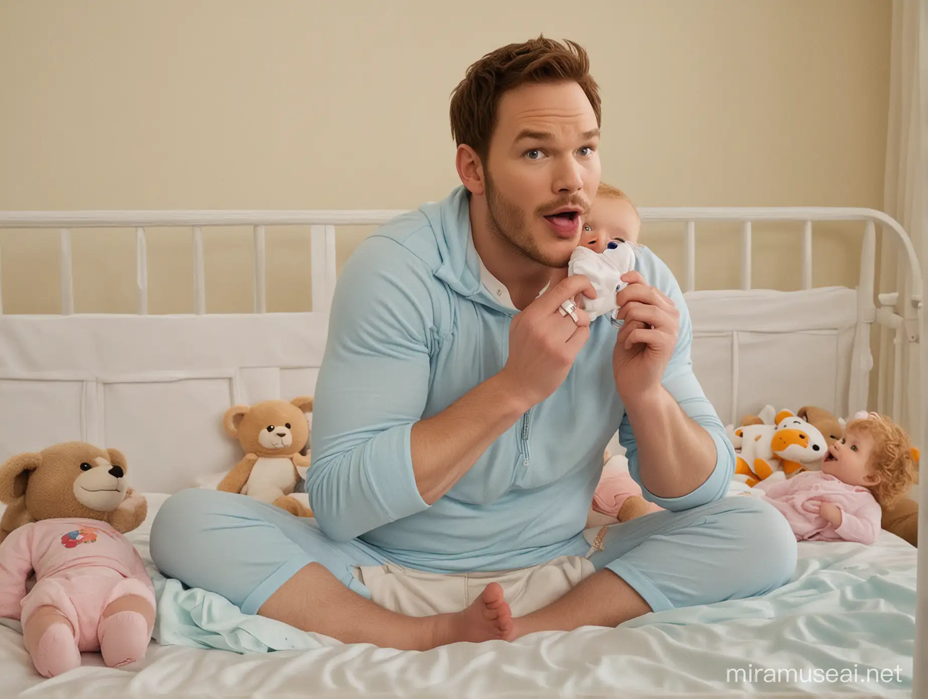 Chris Pratt Dressed as an Adult Baby Playing in Nursery