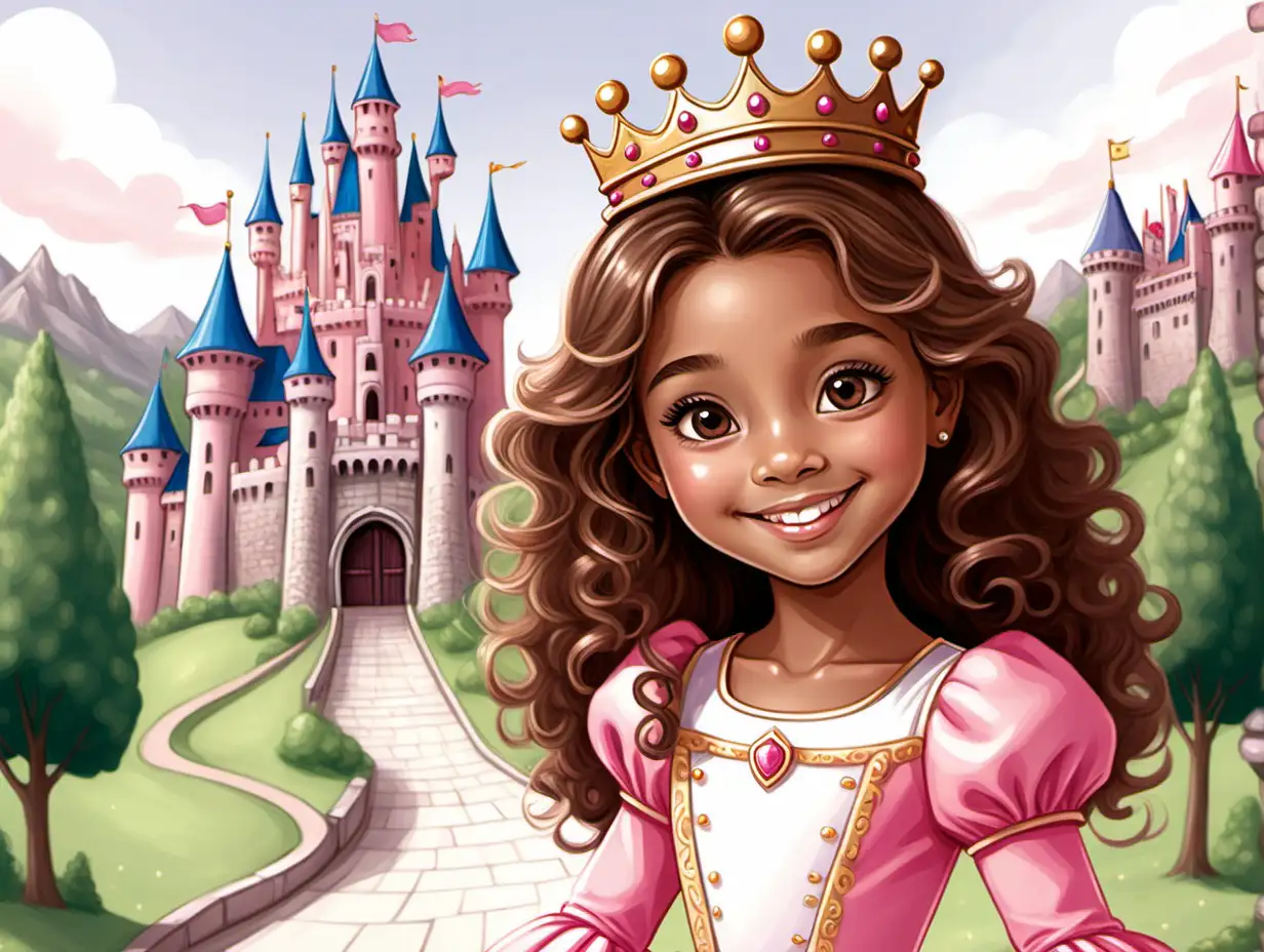  Flat art, children's book, cute, 7 year old girl, tan skin, light hazel eyes, detailed long tight curl brown hair, neutral expression, happy, smiling, beautiful, princess pink clothing with large crown, castle background 