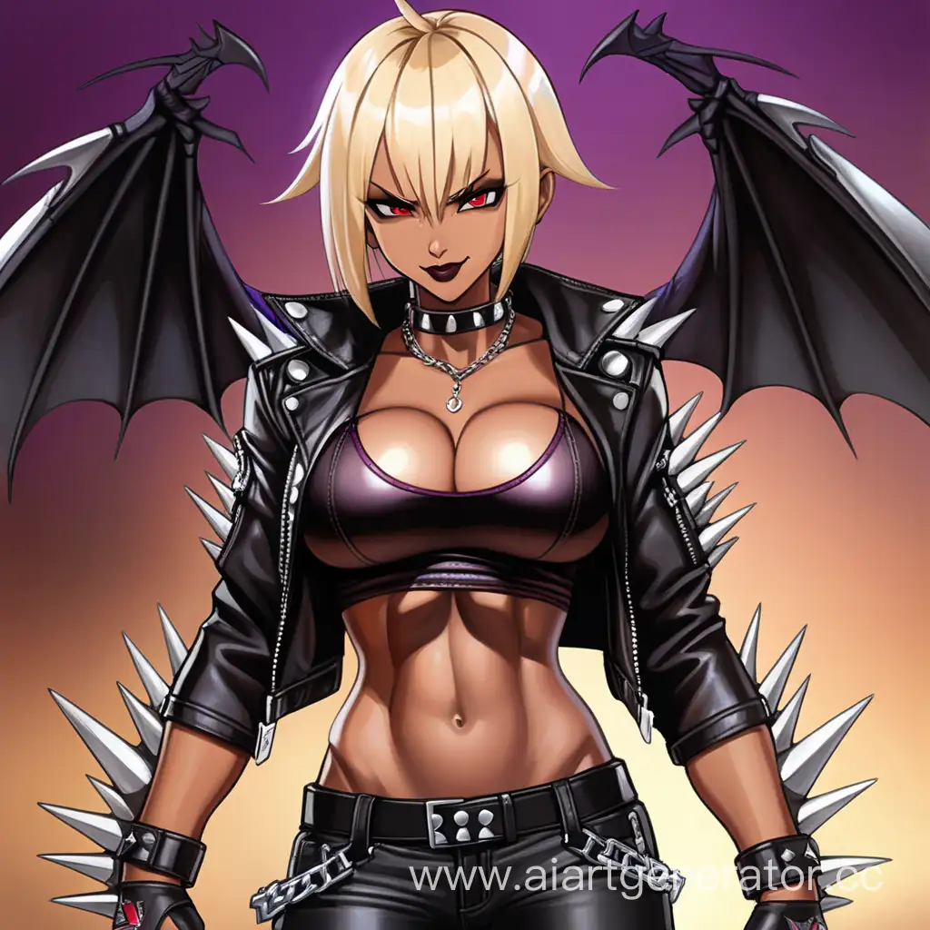 Field, 1 Person, Women, Dragonoid, Blonde hair, Short Hair, Spiky Hairstyle, Dark Ebony Brown Skin,  Black Horns, Leather Wings, Black Jacket, White Shirt, Black Leather Pants, Choker, Chains, Scarlet Red Lipstick, Serious Smile, Big Breasts, Brown-eyes, Sharp-eyes, Muscular Arms, Muscular Legs, Well-toned body, Muscular body, Flexing Muscles, Purple Smoke, 