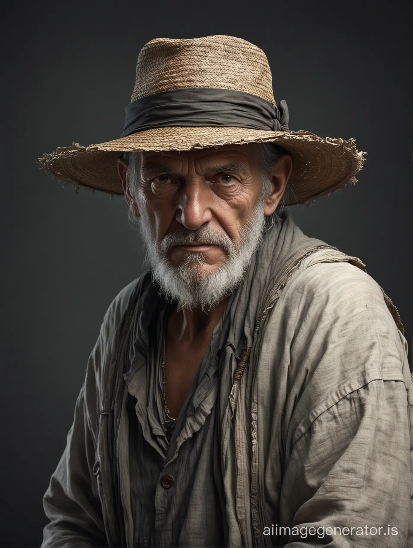 an old mysterious man with a gray and battered tunic wearing a straw hat user in a realistic style
