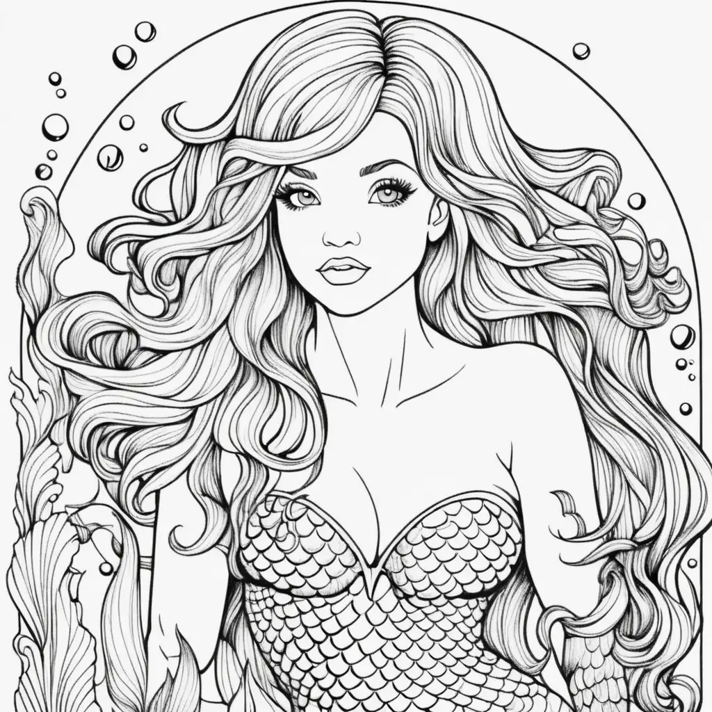 Adult Coloring Page Enchanting Mermaid on White Background