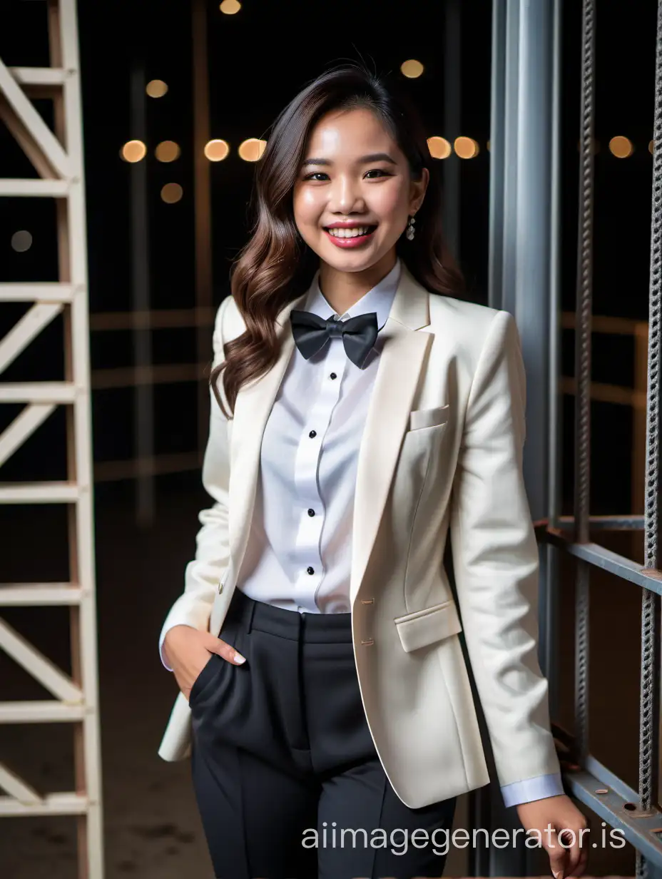 A stunning and cute and sophisticated and confident Indonesian woman with shoulder length hair and lipstick wearing an ivory tuxedo with a white shirt with cufflinks and a (black bow tie) and (black pants), standing on a scaffold facing forward, laughing and smiling.  She is relaxed. It is night.