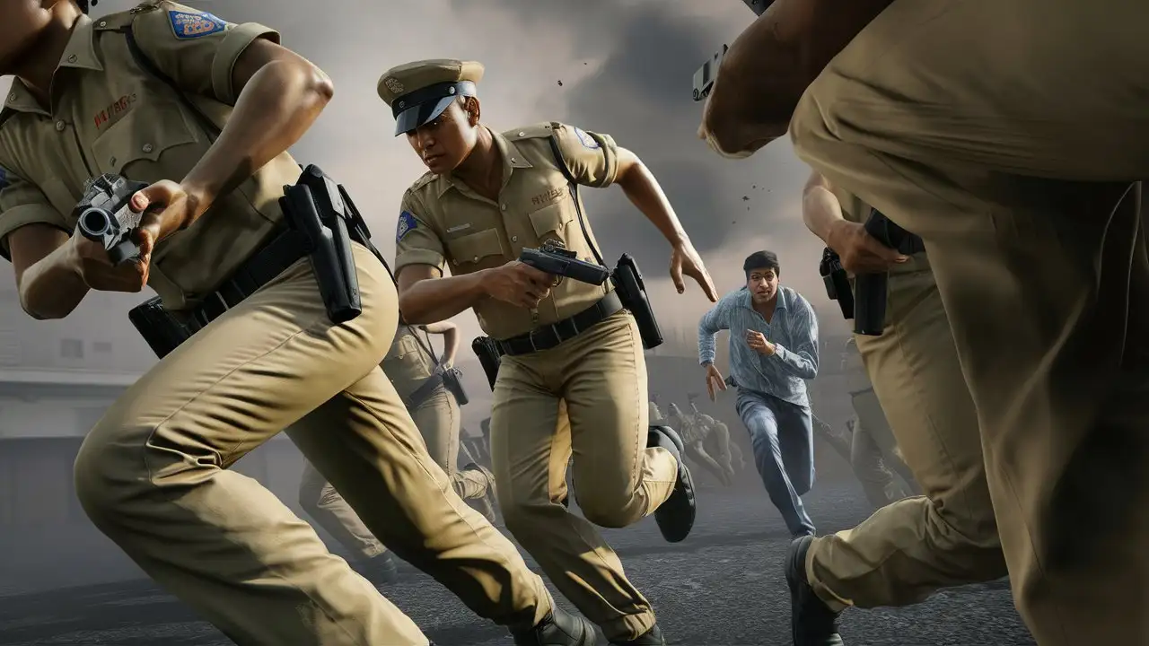 Indian police wearing khakee dress chasing two people with gun in hand, shot from behind, hyper detailed, hyper realistic
