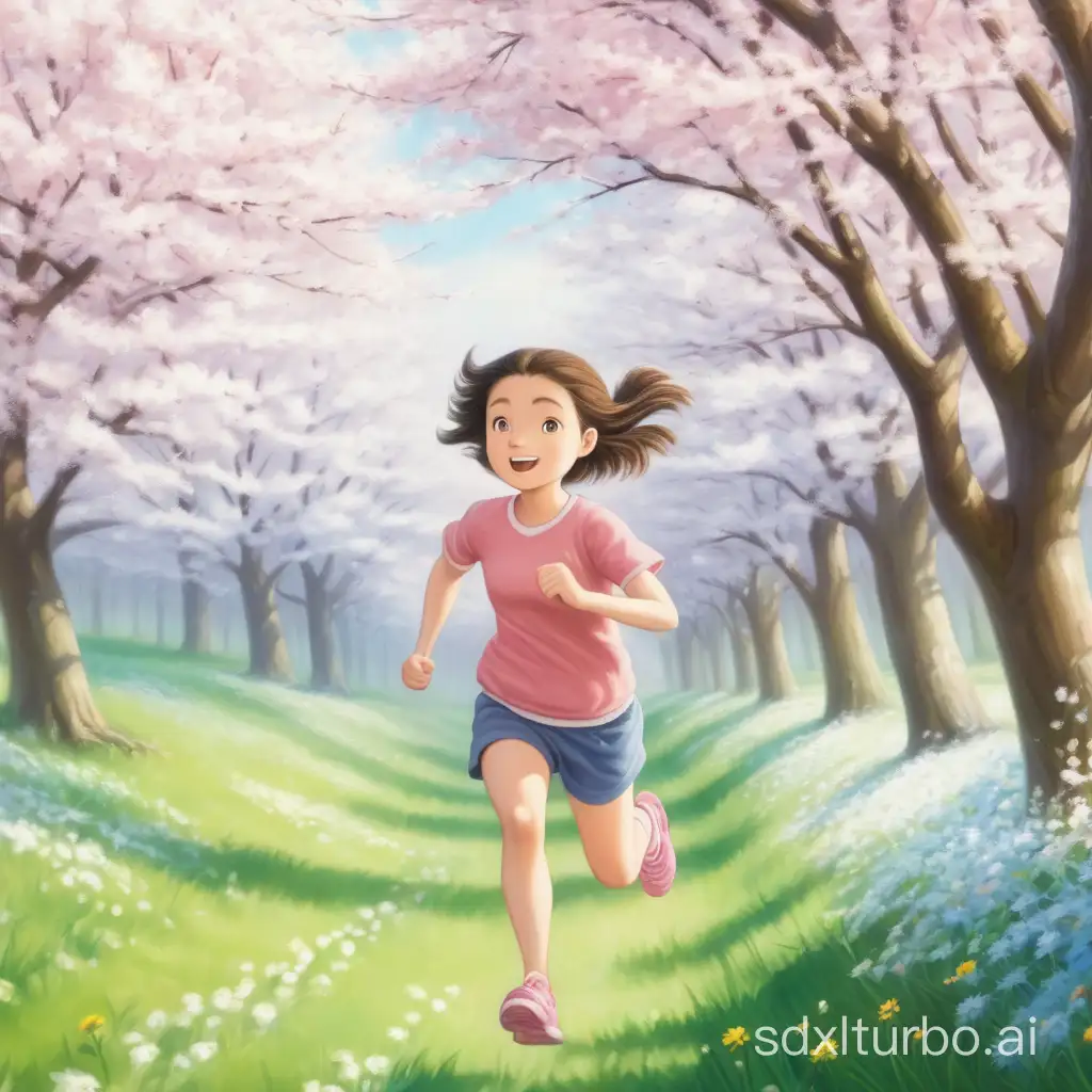 一个女孩在春天里奔跑