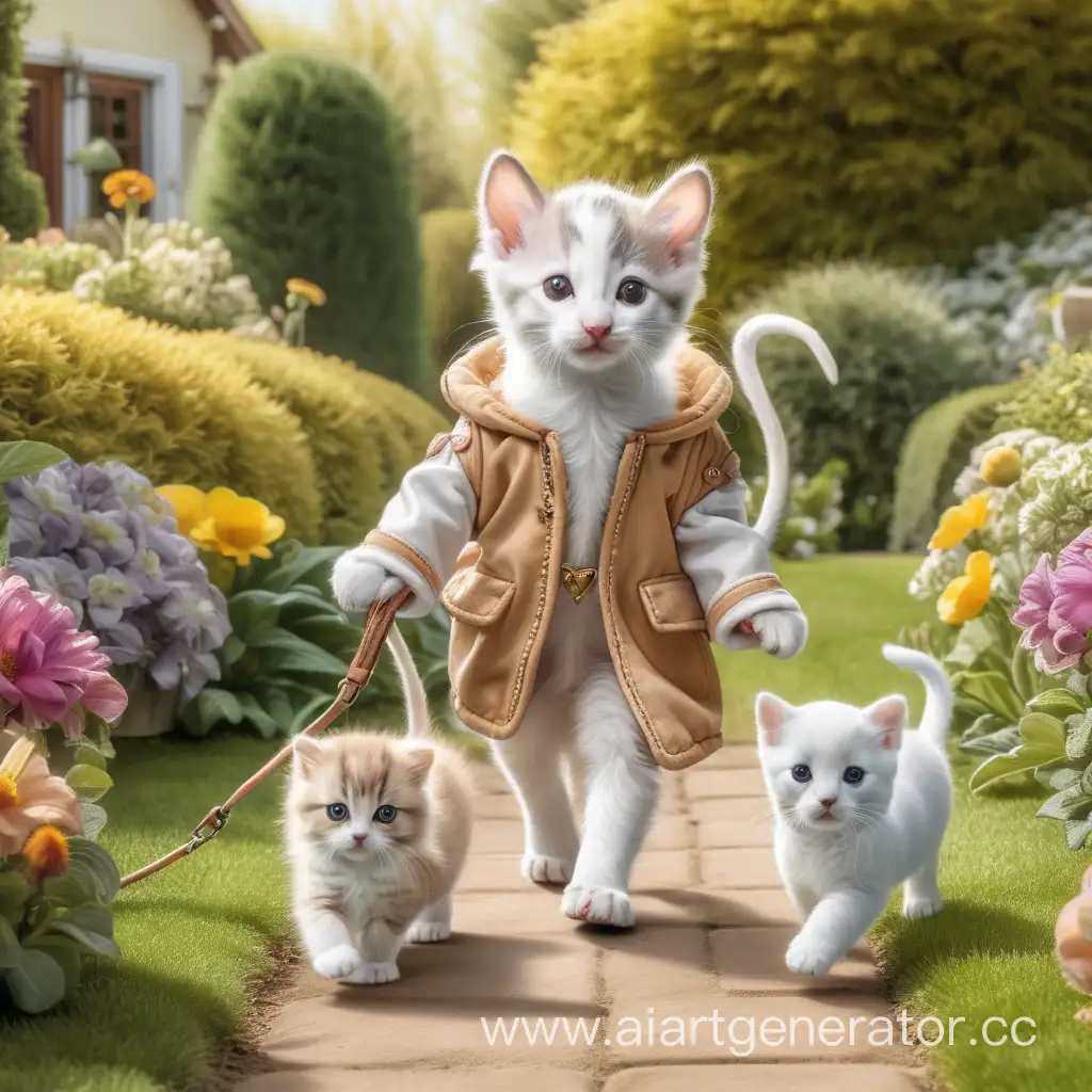 маленький котенок в костюме мыши  гуляет в саду а к нему на встречу идет две собаки борзых