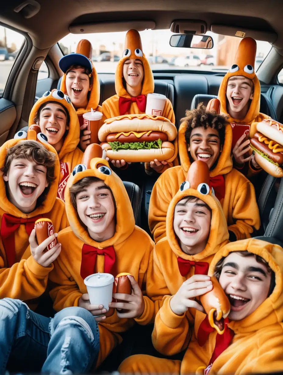 Seven human teenagers wearing hotdog costumes, sitting in a car laughing
