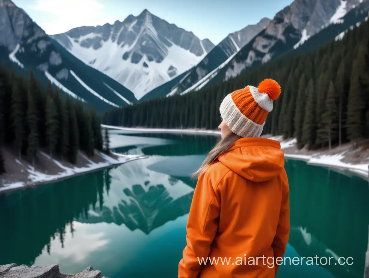 A girl stands on the edge of a mountain in an orange jacket and a knitted hat with a bell and looks at the stunning beauty of a mountain lake