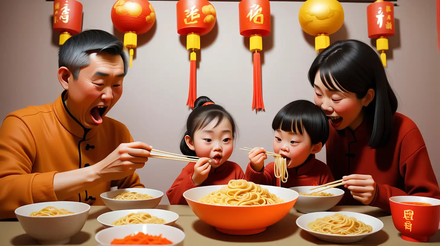  A medium shot of a parent feeding a child noodles and there are noodles and other delicious Chinese food on the table. They are contemporary people and look cute and full of love. Besides, there are lots of Chinese New Year decorations in the room and the hue of the picture is warm and the primary colors of the picture are orange, yellow, and red. 