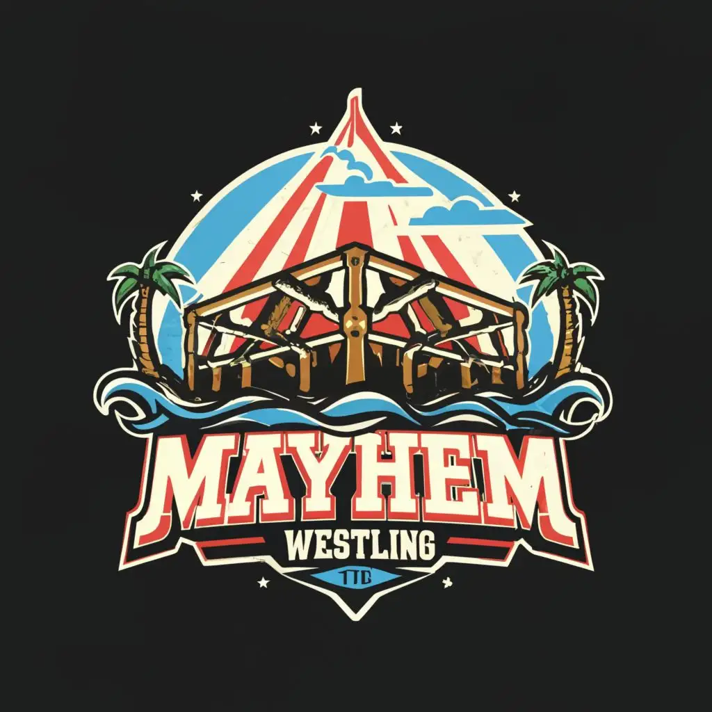 a logo design,with the text "Monterey Mayhem Wrestling", main symbol:Beach, wrestling ring,complex,be used in Entertainment industry,clear background
