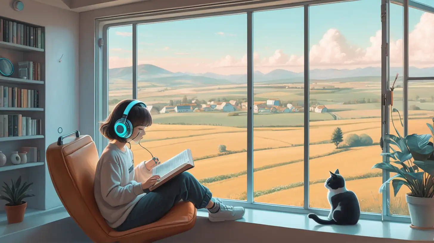 Cozy Lofi Girl with Headphones and Cat in Futuristic Countryside Window