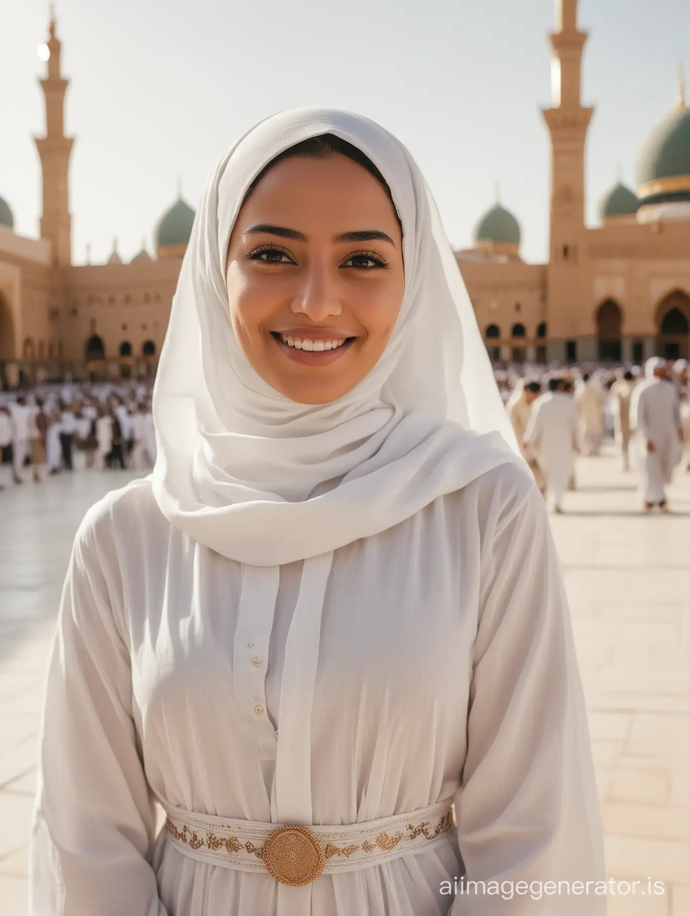 Full body photo of Muslim woman "25 years old, wearing hijab, wearing white robe, thin smile", soft natural lighting,--ar 23:32 --raw style,, with the background of the Kaaba, in the distance