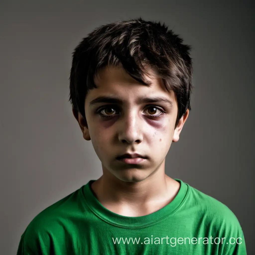 Проблемный подросток, 12 лет, мальчик, карие глаза и тёмные короткие волосы. Одет в зелёную футболку. Немного побитый