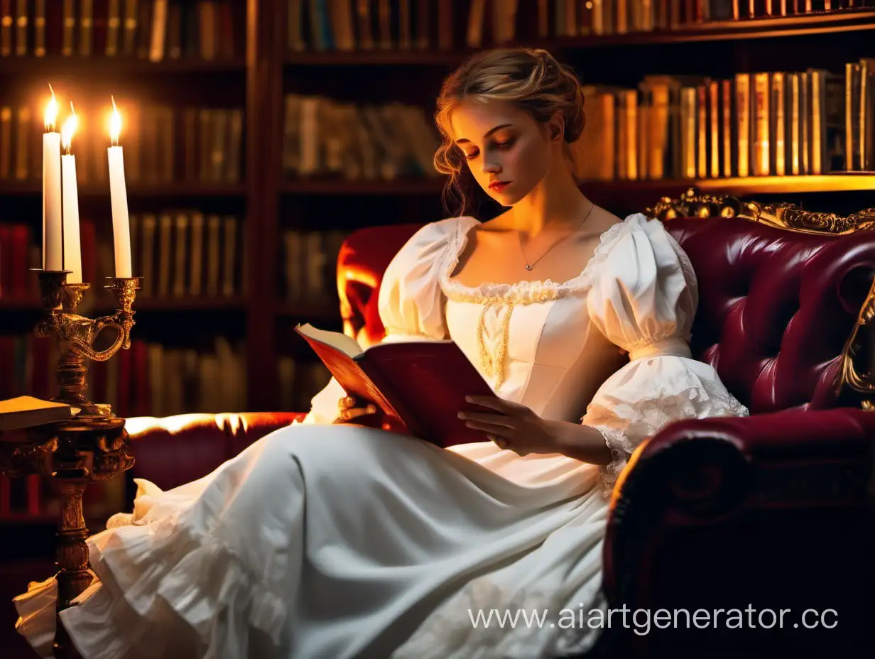 The girl, an aristocrat, with perfectly straight, red, and amber eyes, sits on a luxurious couch in the library in a comfortable, white Victorian dress. In the most relaxed position, half-lying down, she reads a book by candlelight.